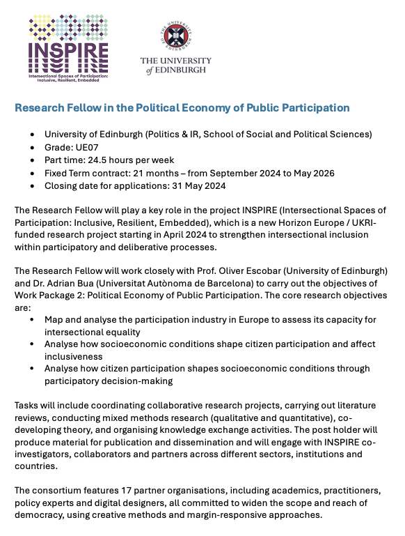 📢New #job: Research Fellow in the Political Economy of Public Participation. Open to applications until 31 May ⏳ Join me + @AdrianBua + <a href="/Dr_SBussu/">Sonia Bussu also on @Dr_Bussu@mastodon.sdf.org</a> and many colleagues at the INSPIRE project across Europe #democracy #research 🤓 More information 👉🏽 elxw.fa.em3.oraclecloud.com/hcmUI/Candidat…