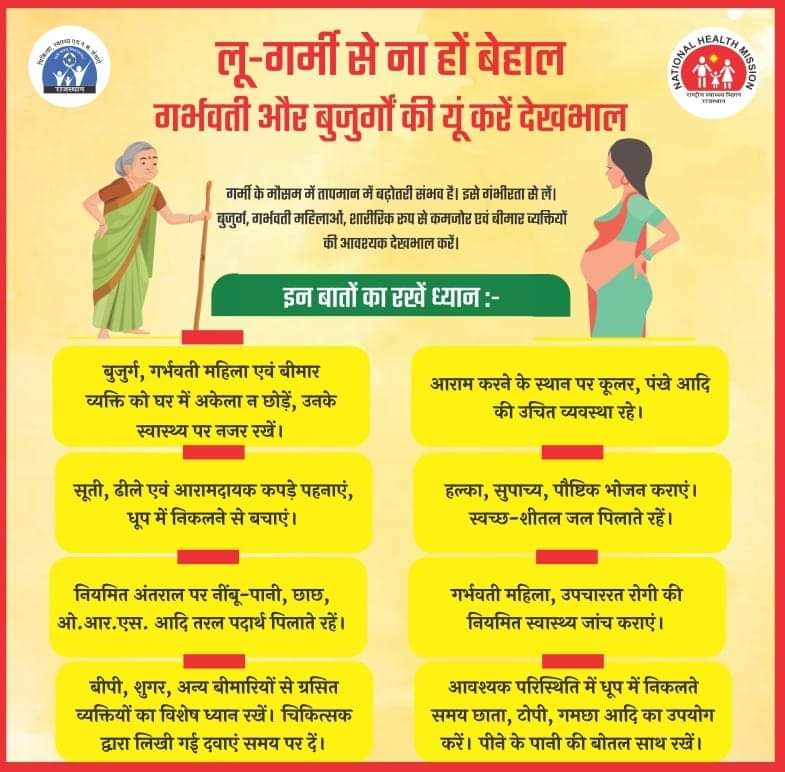 Temperatures rise in summer #Heatwave possible,
Take it seriously.
Take necessary care of elderly, pregnant women, physically weak and sick persons
#BeatTheHeat
Keep these things in mind