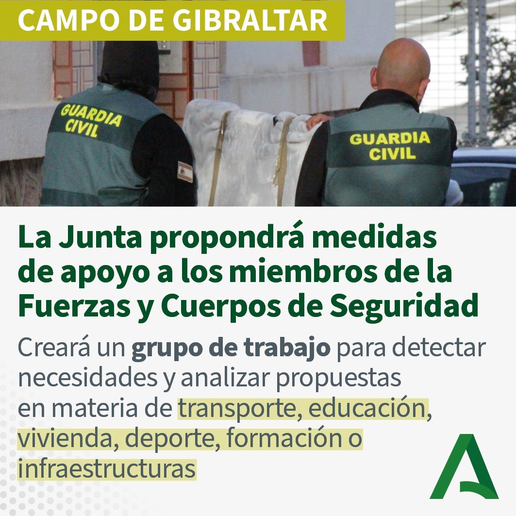 El Consejo de Gobierno insta a la creación de un grupo de trabajo para brindar apoyo a las Fuerzas y Cuerpos de Seguridad en el #CampodeGibraltar. El objetivo es diseñar medidas de apoyo y coordinar acciones en transporte, vivienda, formación, entre otras.