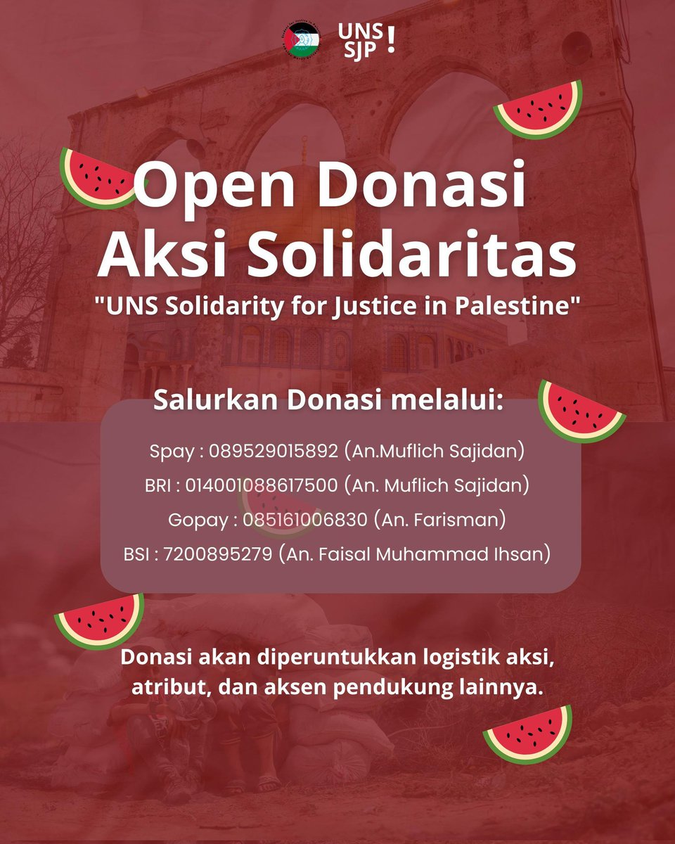 UNS Students for Justice in Palestine besok mau ngadain aksi bela palestina + longmarch!❤‍🔥

mari bersama satukan langkah dan tujuan untuk kemanusiaan🍉 

AKSI BELA PALESTINA UNS
#AksiBelaPalestina
#AksiSolidaritasPalestina
#UNSSJP