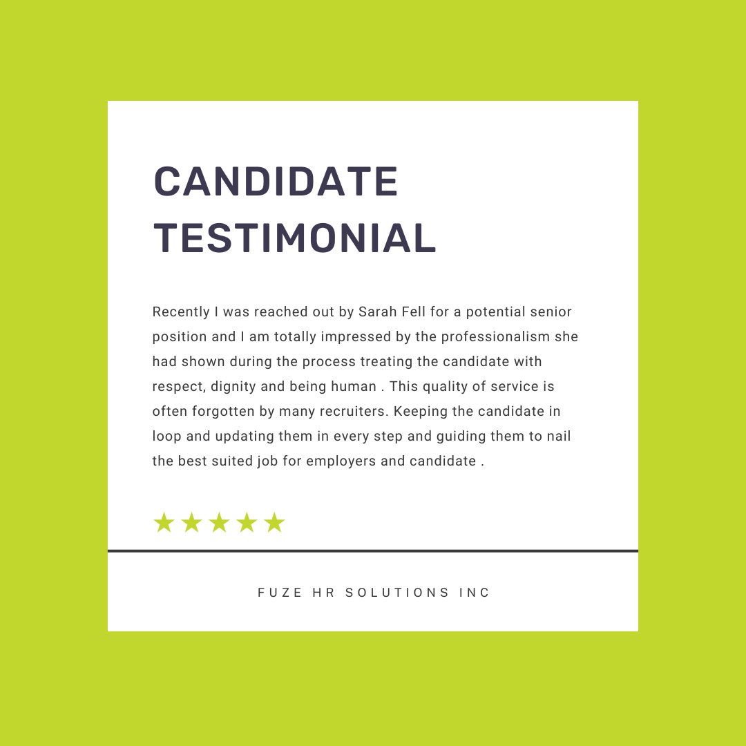 Testimonial Tuesday! 🌟
We're delighted to share this testimonial from one of our candidates, who has landed their dream job.

#TestimonialTuesday #DreamJob #CareerSuccess #JobSearch #CareerDevelopment #JobOpportunities #JobPlacement #ProfessionalGrowth #JobSeekers #FuzeHR