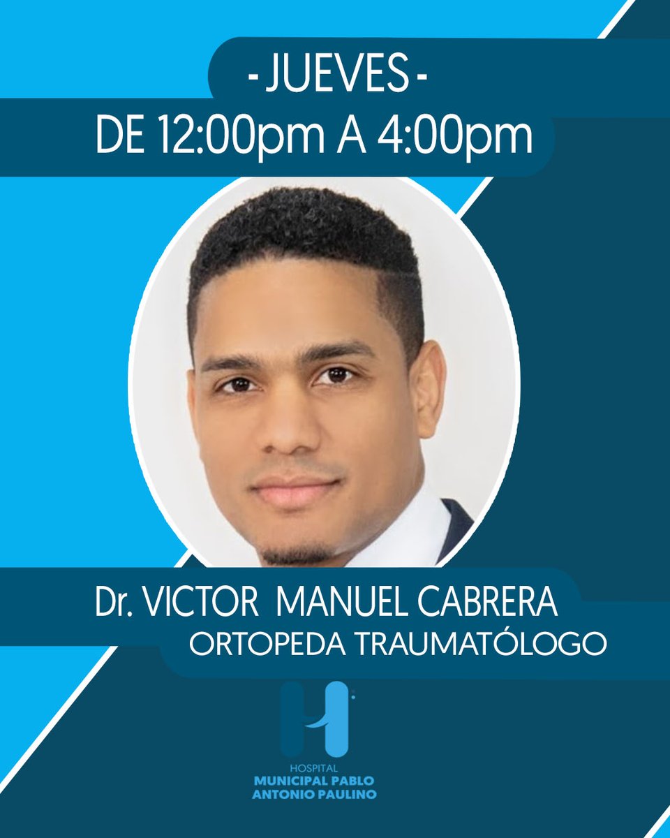 AHospablo's tweet image. A partir de este próximo jueves ofrecerá sus servicios en el  Hospital Municipal Pablo Antonio Paulino
En horarios de 12:p.m a 4:p.m
El Dr. Cabrera ofrecerá los servicios de:
*Tratamiento para la artrosis 
*Lesiones deportivas 
*Traumas 
*Dolores de espalda, entre otros
#HPAPL