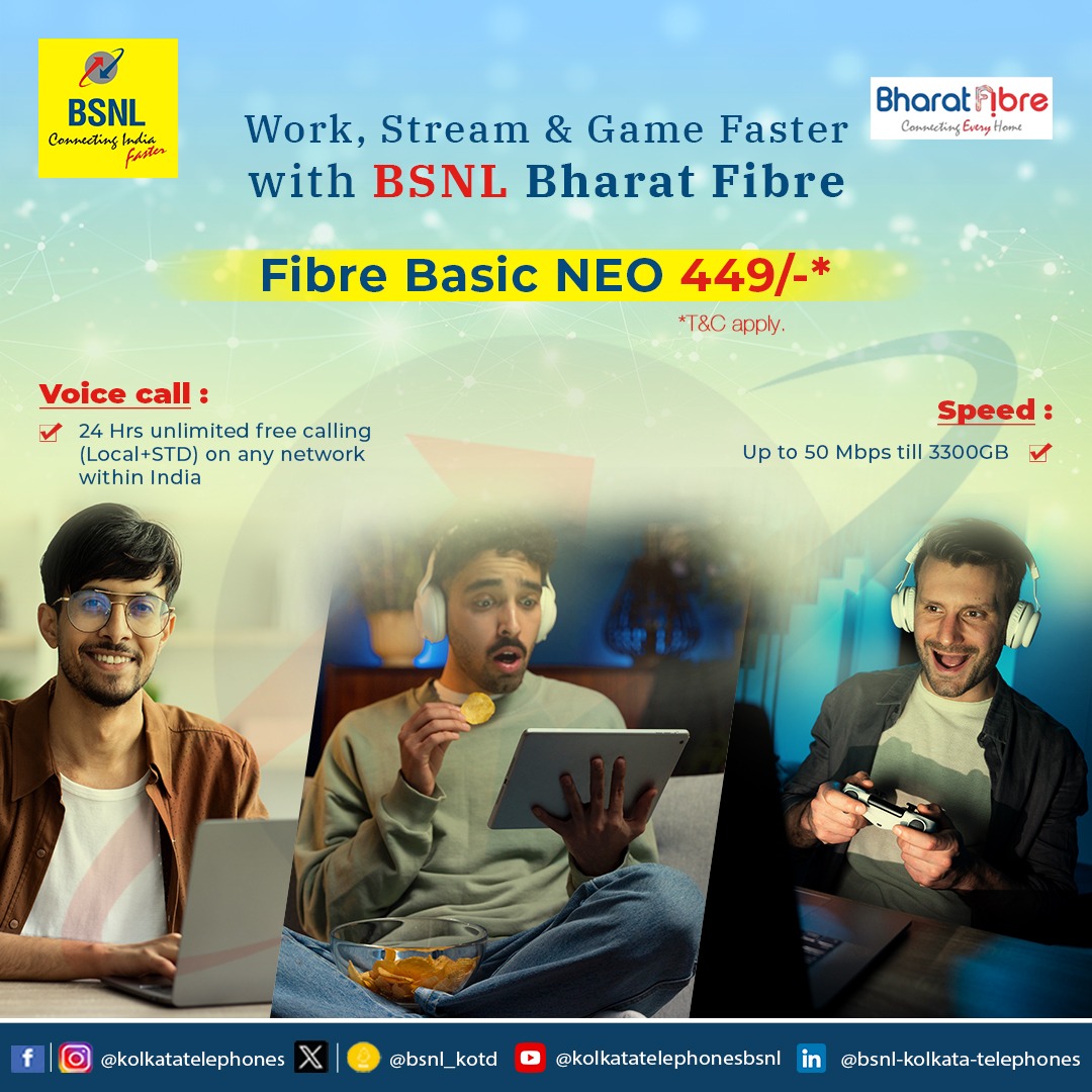 Experience the power of #BSNL #BharatFibre.  Get Unlimited Data, high Speed, unlimited voice calls across India. (t&c apply)
 Book your Bharat Fibre today.  Call 1800-4444 or  Visit bookmyfiber.bsnl.co.in Now! 

 #UnlimitedInternet #HighspeedInternet #Data #FibreBroadband