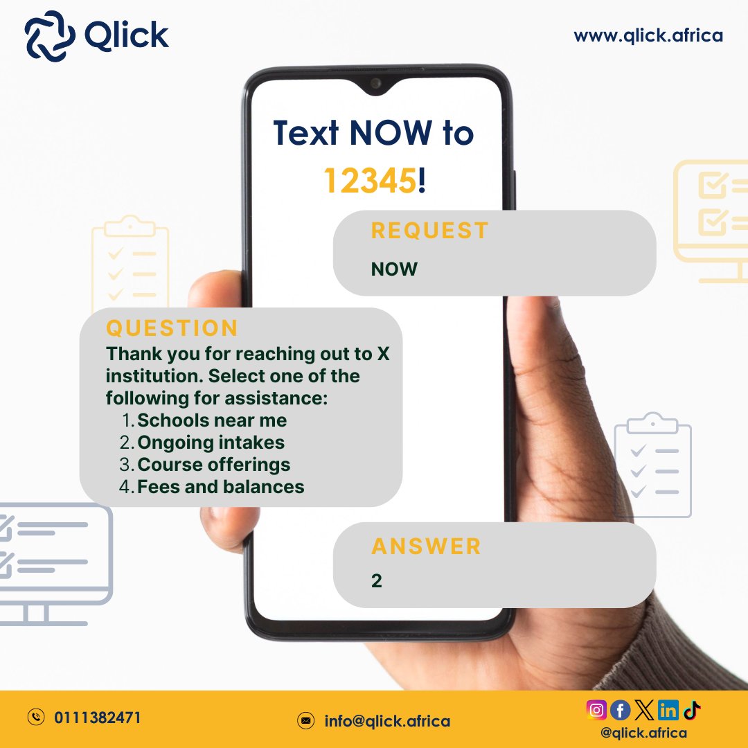 qlick_africa's tweet image. Instant engagement is just a text away! Reach out to your audience effortlessly with Qlick's shortcode services. #Shortcode #InstantEngagement #Qlick