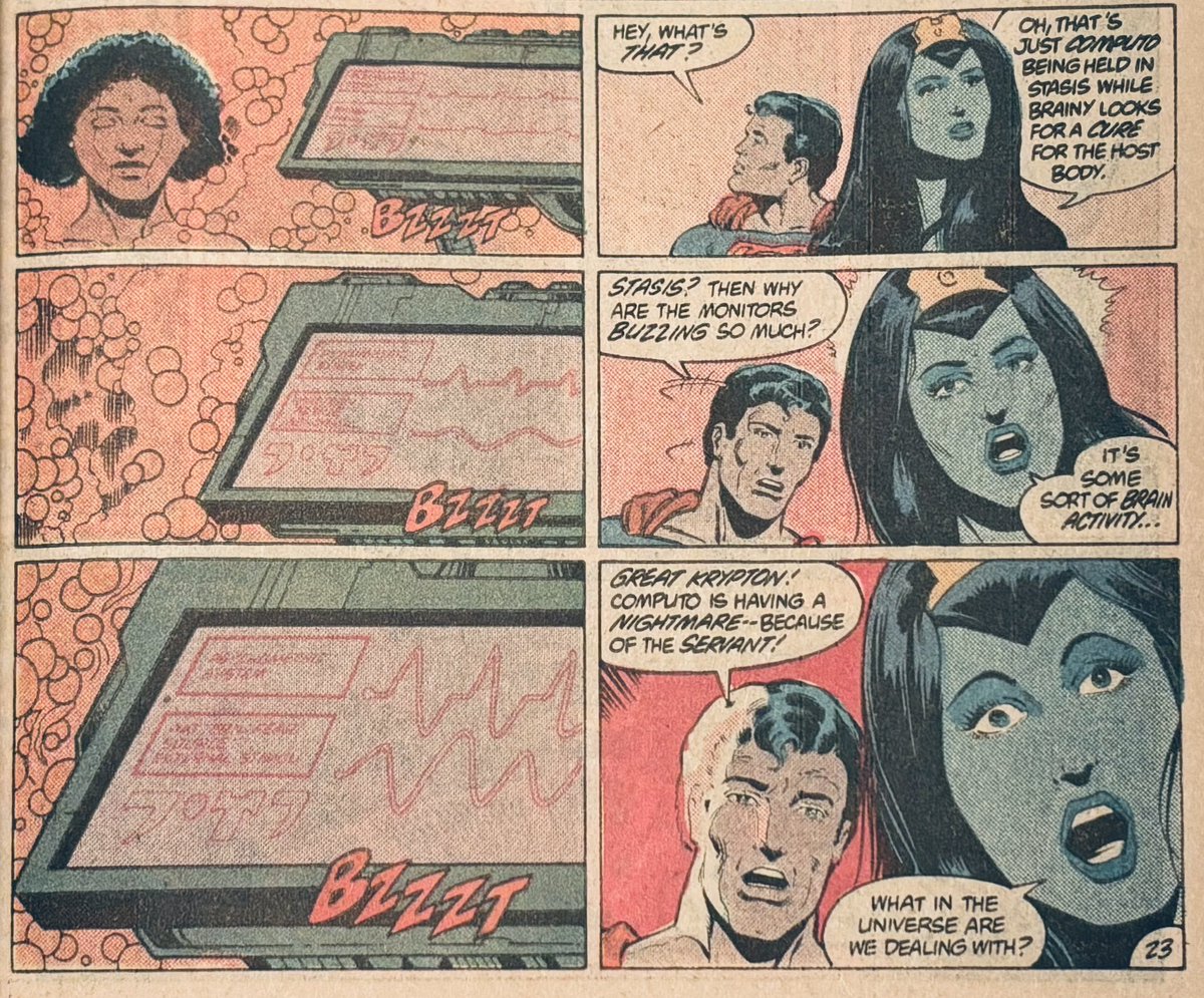 The servants of darkness have frozen Cosmic Boy, blasted Wildfire, and tossed Superboy around. But this scene with Computo highlights how the situation is so much more dangerous than the Legionnaires even realize. Legion of Super-Heroes #290 (1982) #LongLiveTheLegion