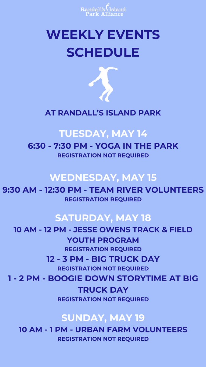 Join us at Randall's Island Park this week for one of our FREE events! 🧘‍♀️🚒📖 Relax with a yoga class, volunteer throughout the park, explore NYC trucks, and more. Details & registration: bit.ly/3OYr8zu