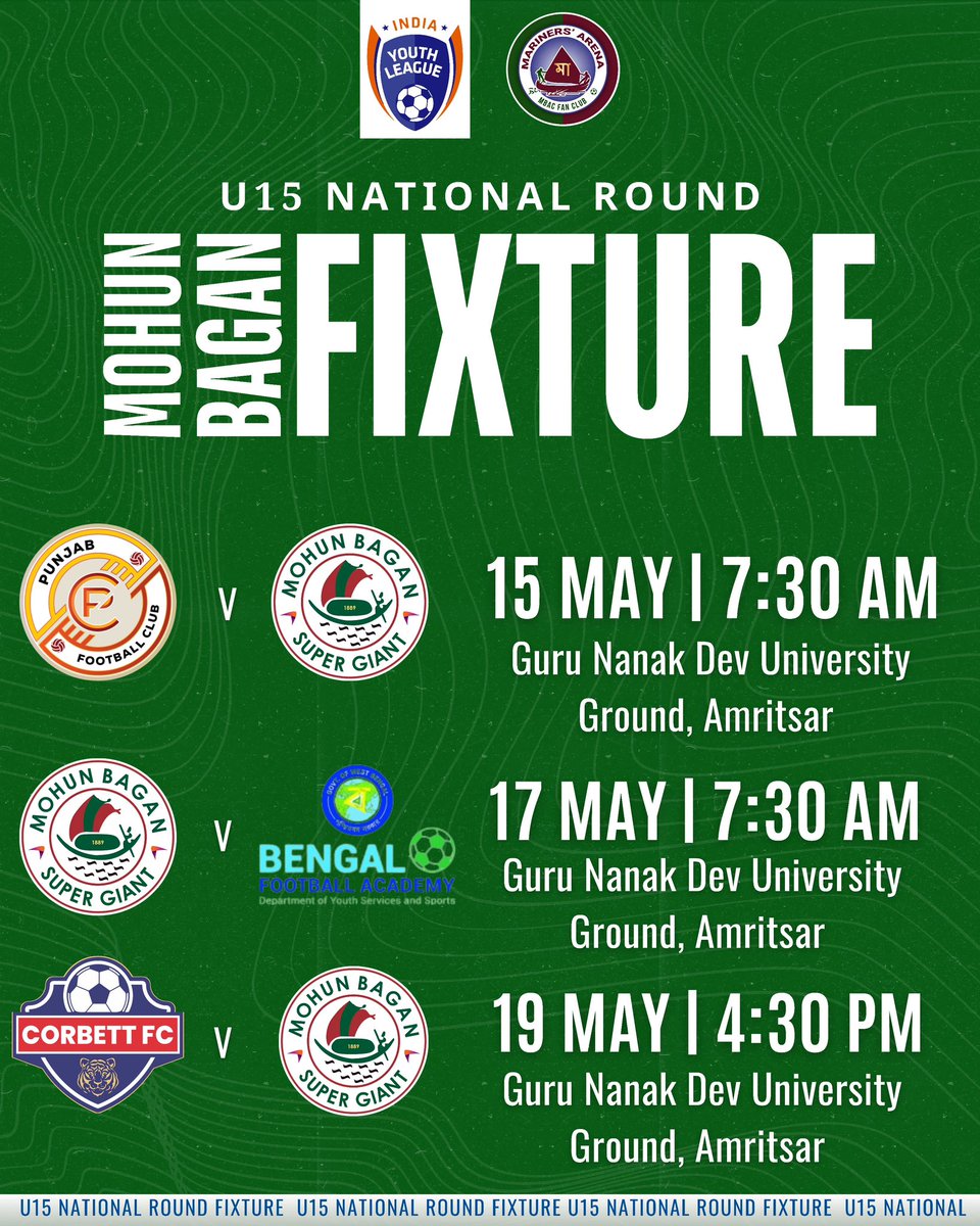 Here are our U-15 Junior League National Stage Fixtures. Best of luck to our Lads. 💪🏻

@mohunbagansg @Mohun_Bagan  

#aiff #u15 #juniorleague #mohunbagansg #marinersarena #joymohunbagan 💚♥️
