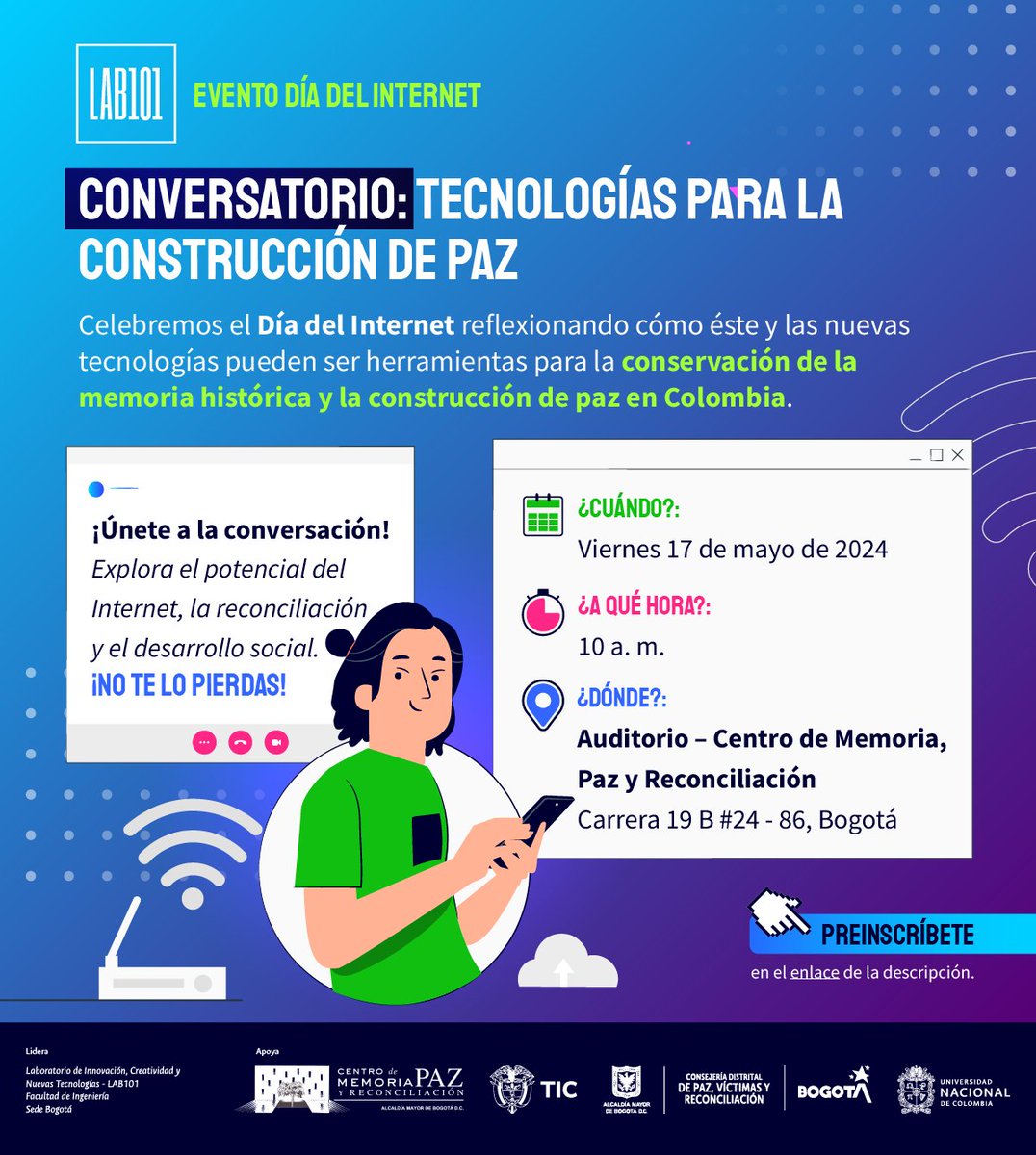 #Evento ¡Podemos construir país de muchas formas! Esta vez, te invitamos a celebrar el #DíadelInternet reflexionando sobre cómo esta herramienta, a través de la innovación, la transformación y la economía digital, puede ser clave para la construcción de #paz en nuestra nación.