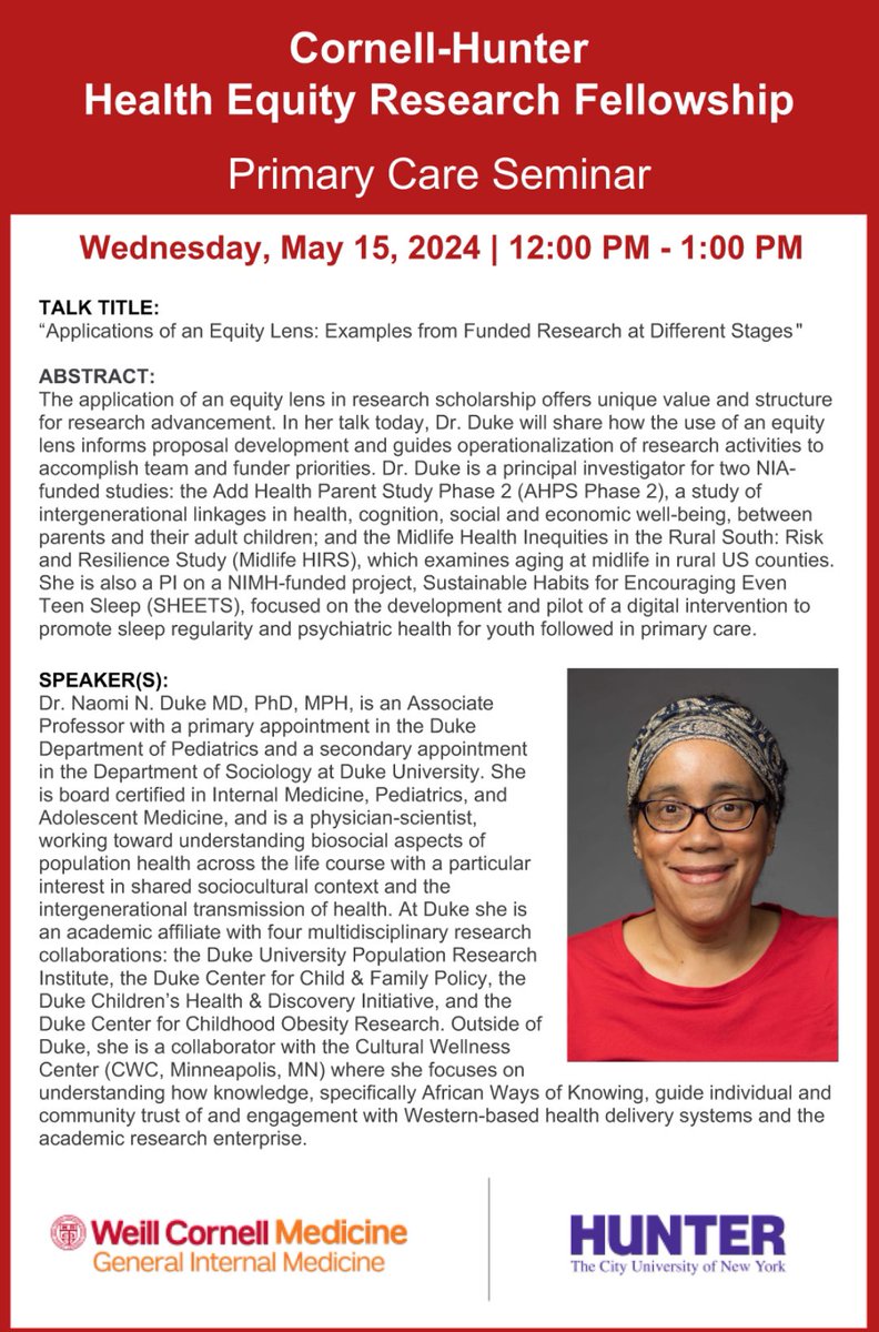Don’t miss The Primary Care Seminar 
this Wednesday at 12 PM EST
“Applications of an Equity Lens: Examples from Funded Research at Different Stages” by Dr. Naomi Duke 
<a href="/CornellCHEQ/">Cornell Center for Health Equity</a> <a href="/DukeU/">Duke University</a> <a href="/Hunter_College/">Hunter College</a> <a href="/WCMDiversity/">Weill Cornell Medicine Diversity & Inclusion</a> <a href="/WCMDeptofMed/">Weill Department of Medicine</a> <a href="/WeillCornell/">Weill Cornell Medicine</a> <a href="/DukePedsRes/">Duke Pediatric Research</a> <a href="/Duke_Sociology/">Duke Sociology</a>