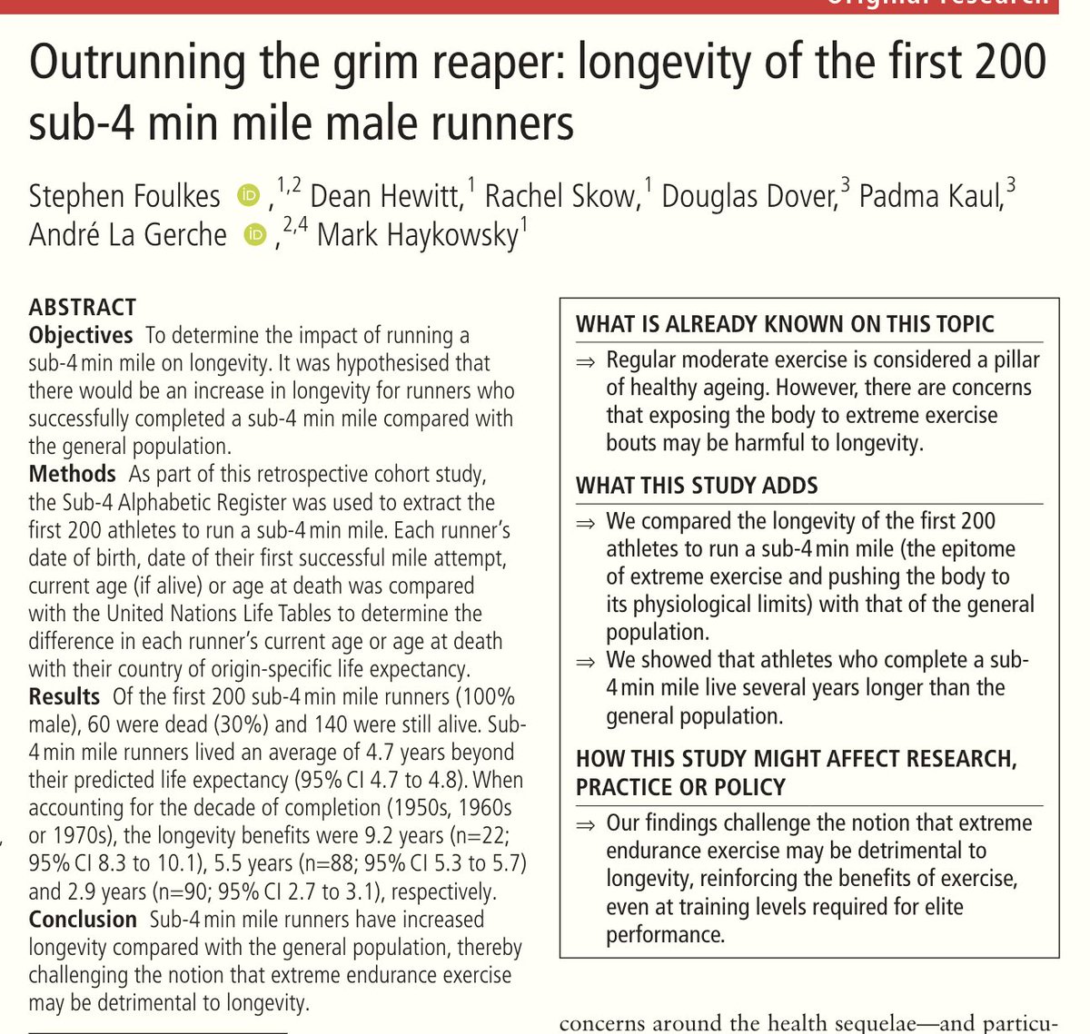 'Sub-4 min mile runners have increased longevity compared with the general population, thereby challenging the notion that extreme endurance exercise may be detrimental to longevity.' bjsm.bmj.com/panels_ajax_ta… by @S_FoulkesAEP et al via @BJSM_BMJ @UAlberta ht @SMCCanada #Move!…