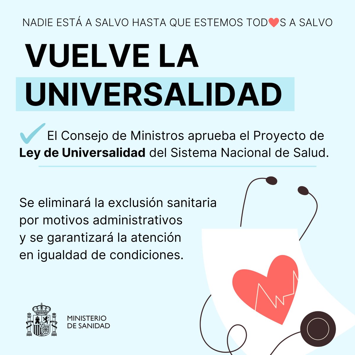 Ministerio de Sanidad (@sanidadgob) on Twitter photo 🔴 El Consejo de Ministros aprueba el Proyecto de Ley de Universalidad del Sistema Nacional de Salud.
España presume de la universalidad de su sistema sanitario como un activo para garantizar cohesión social, eficiencia económica y derecho a la salud 🧵 🔴 El Consejo de Ministros aprueba el Proyecto de Ley de Universalidad del Sistema Nacional de Salud.
España presume de la universalidad de su sistema sanitario como un activo para garantizar cohesión social, eficiencia económica y derecho a la salud 🧵