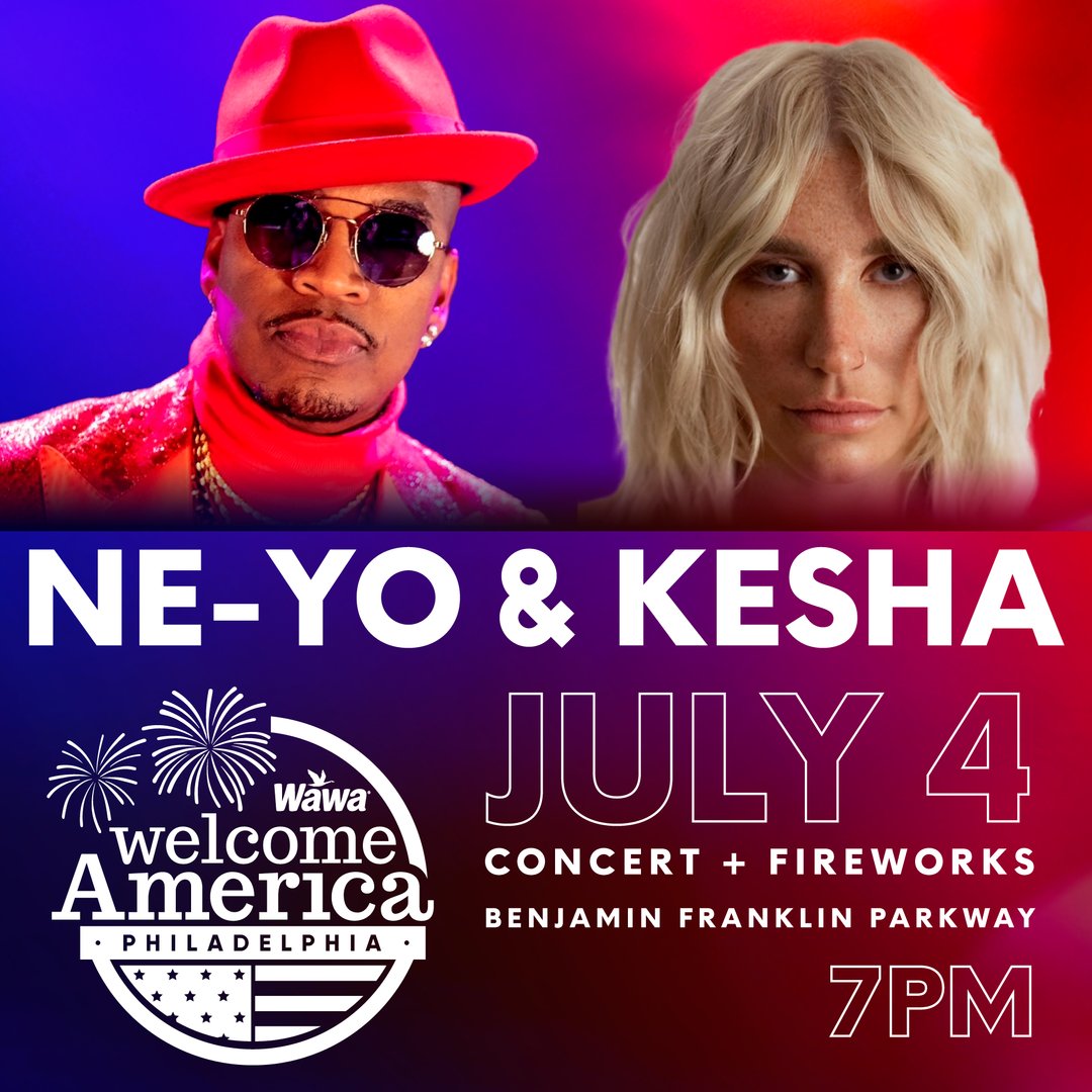 Get ready to party, Philly! @NeYoCompound and @KeshaRose will be taking the stage on the Benjamin Franklin Parkway for the 2024 @Wawa Welcome America July 4th Concert + Fireworks. #CelebrateWithUs #July4thPhilly Learn more: July4thPhilly.com