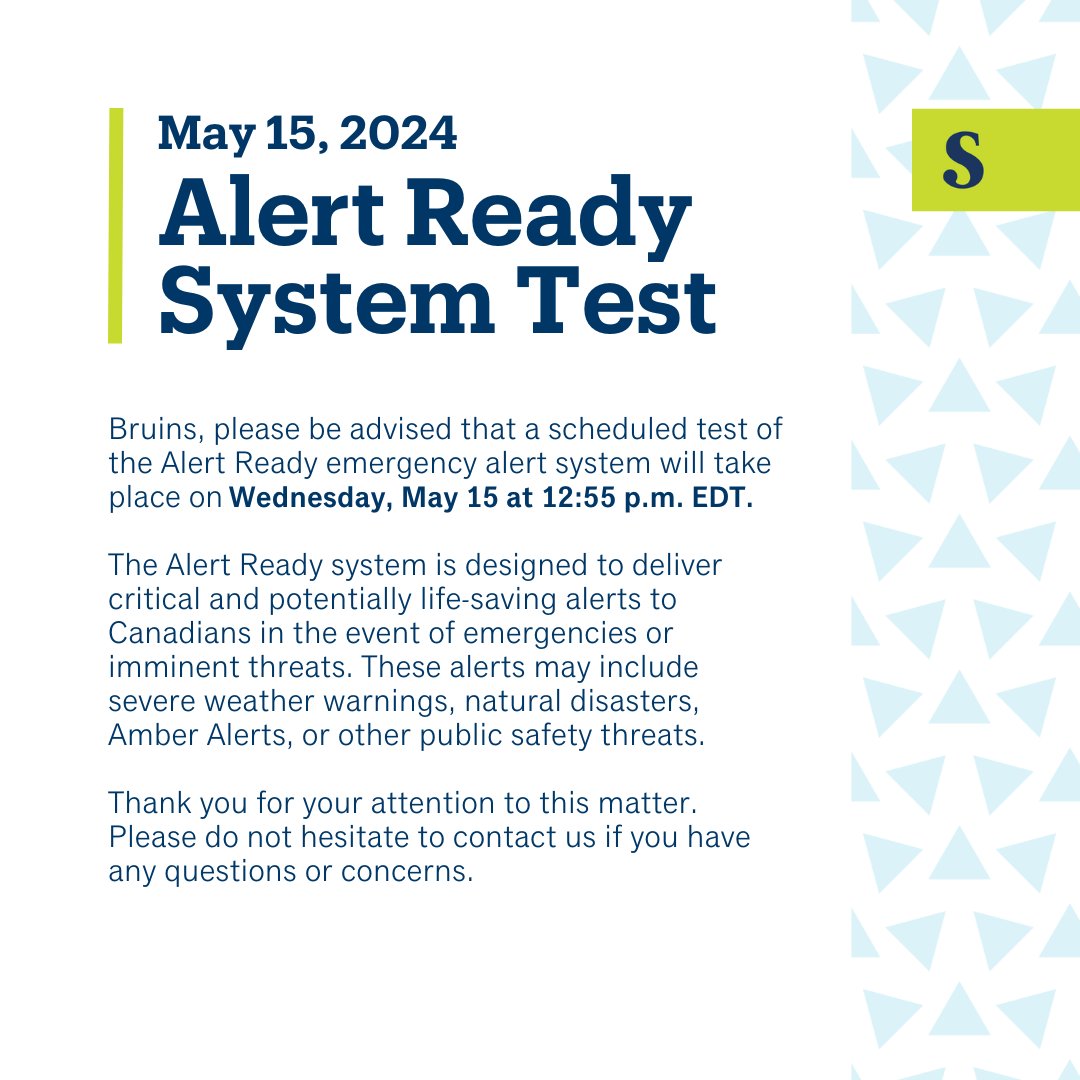 Bruins, please be advised that a scheduled test of the Alert Ready emergency alert system will take place on Wednesday, May 15 at 12:55 p.m. EDT. Learn more about Ontario’s Emergency Management: sheridan.mobi/3yqA0aQ