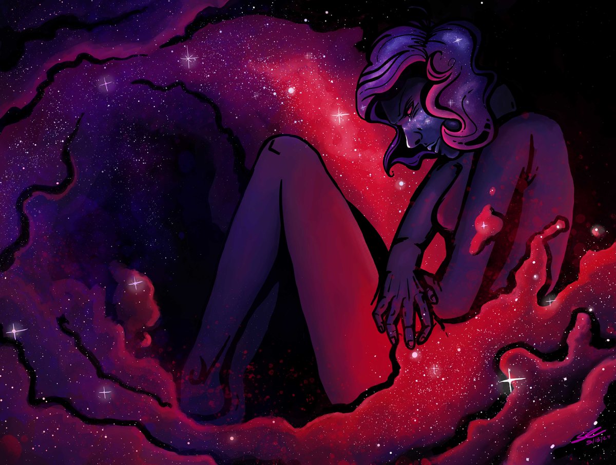 The Birth of Pain and Relief 
The Mother of Demons, Itheris
---
A celestial tormented by her inner thoughts and darkness. In two legends, Lithris struck herself and died, in the other the demons clawed their way out of her body, killing her. 
#digitalart #humanartists
1/3