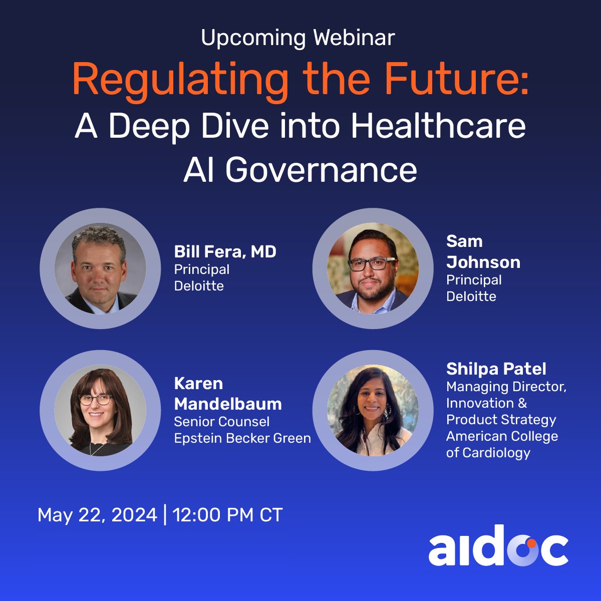 📆 Save the date for our clinical #AI governance webinar! Hear from industry experts on how to best manage AI governance and regulatory matters within a healthcare organization. Register 👉 okt.to/e6KSbC [@Deloitte | @ACCinTouch | @ebglaw]