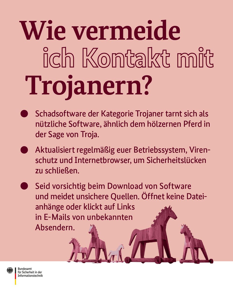 Einen Befall mit #Schadsoftware braucht niemand. Gerade bei #Trojanern ist es aber schwer, sie zu erkennen. 🐴⚔️ Wir erklären euch, wie ihr sie meidet. #DeutschlandDigitalSicherBSI #Cybersicherheit #Malware