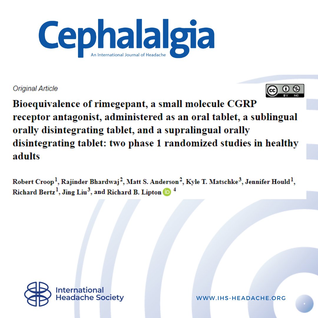 Rimegepant 75 mg ODT, administered sublingually or supralingually, and rimegepant 75 mg oral tablet were bioequivalent. doi.pulse.ly/qgsbwmzham #headache #migraine #neurology