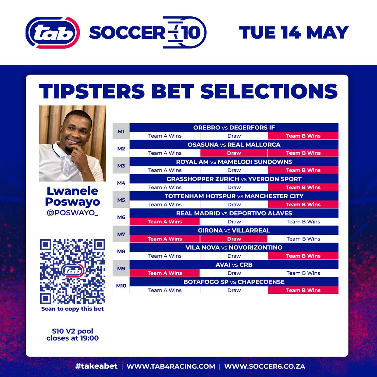 ⚽🔥 Get your game face on! @poswayo_ just dropped the hottest picks for Tuesday's Soccer 10 V2! Hurry, the pool closes at 19:00! Let's score some wins on the following link:hubs.li/Q02x3CwK0! 💪💰 #Soccer10 #Tipster #TAB