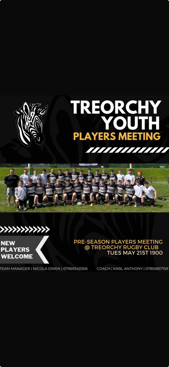 So if you fancy a challenge ,just finished U16s rugby and are looking for a team to join , come along to the meeting to see what we have to offer. Your future is back and white 😉👍🏻🦓🏉. ⁦<a href="/TreorchyZebras/">Treorchy RFC 🦓</a>⁩ ⁦<a href="/TCSPhysicalEd/">TCS Physical Education</a>⁩ ⁦<a href="/CYCRugbyUnion/">CYC Rugby Union</a>⁩