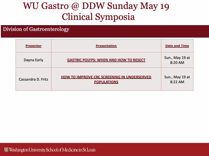 It's a busy Sunday for @WUGastro at @DDWMeeting . Please plan ahead to attend these presentations @cfritzMD @DaynaEarly