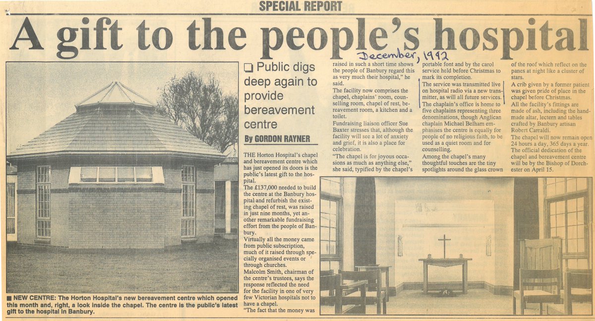 🎉Join us as we look back on 60 years of Radio Horton This @BanburyNews article from December 1992 reflects on the opening of @OUH_Horton's £137,000 bereavement centre & chapel. We aired the first Christmas carol concert live from the chapel! 🎶 @OUHospitals @OxHospCharity