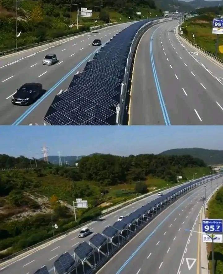 En Corée du Sud 🇰🇷, les panneaux solaires au milieu de l’autoroute ont une piste cyclable en dessous.

Les cyclistes sont protégés du soleil ☀️, isolés de la circulation, et le pays peut produire de l’énergie propre.