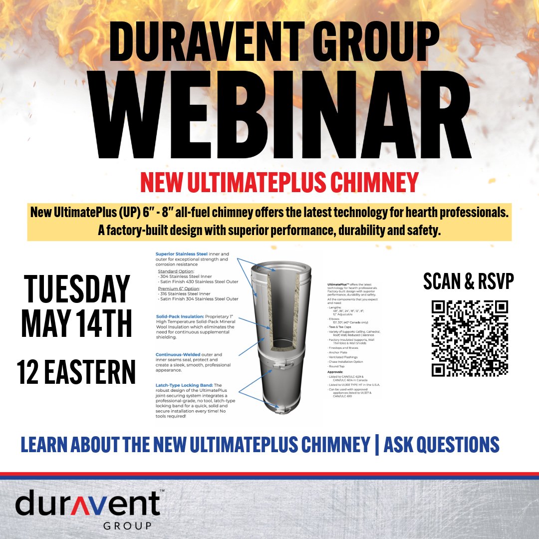 Join us for the Duravent Group UltimatePlus Webinar on May 14th at 12pm EST! 

🔥 Discover the latest on our new UltimatePlus 6'-8' all-fuel chimney straight from the experts. 

Scan the QR code or RSVP here: tinyurl.com/UltimatePlusWe… #DuraventGroup #BuildForTheFuture