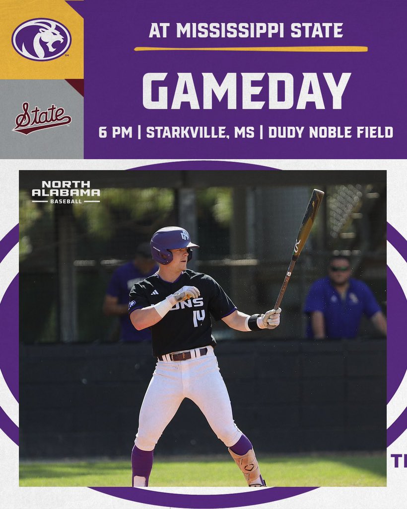 Florence ➡️ Starkville 🆚 Mississippi State ⌚️ 6 PM 📍 Starkville, MS 🏟️ Dudy Noble Field 📺 tinyurl.com/UNABSBTV51 📊 tinyurl.com/UNABSBLS51 #RoarLions 🦁