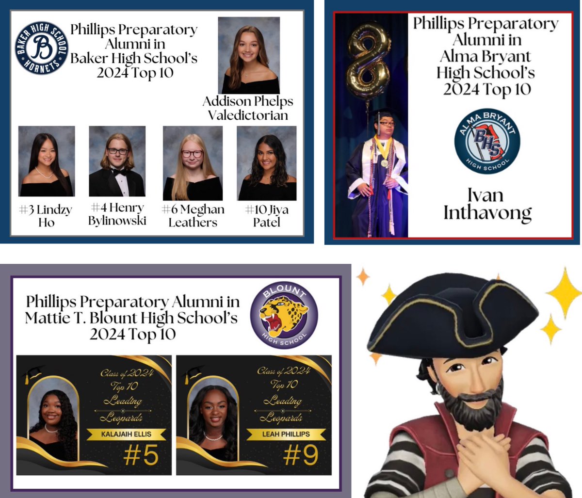 We are SOOO PROUD!
#PPSalumni
#ClassOf2024
#OnceAPirateAlwaysAPirate
#ExcelleneByChoice
#AimForExcellence
<a href="/BakerAcademies/">Baker High School Hornets (Mobile, AL)</a> <a href="/almabryanths/">Alma Bryant HS</a> <a href="/DHS_Warriors/">Davidson High School</a> <a href="/BlountLeopards/">Mattie T. Blount High School 🐆</a> @murphyHighschool