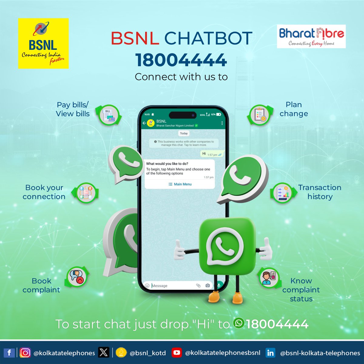 BSNL: Connecting India with Faster Internet and Fiber Optic Services. Pay Bills, View Bills, Book Connections, and Register Complaints Easily. 
 Chat with the BSNL Chatbot at 18004444. Drop 'Hi' to Get Started!#BharatFibre #UnlimitedInternet #HighspeedInternet #FibreBroadband