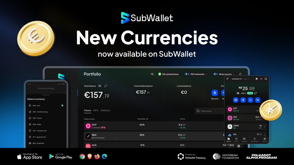 Want to manage your portfolio in the currency that you are comfortable in? We got you ✌️ SubWallet now supports 9 currencies including USD 🇺🇸, BRL 🇧🇷, CNY 🇨🇳, EUR 🇪🇺, GBP 🇬🇧, HKD 🇭🇰, JPY 🇯🇵, RUB 🇷🇺 and VND 🇻🇳 Download SubWallet now 👉 subwallet.app/download.html