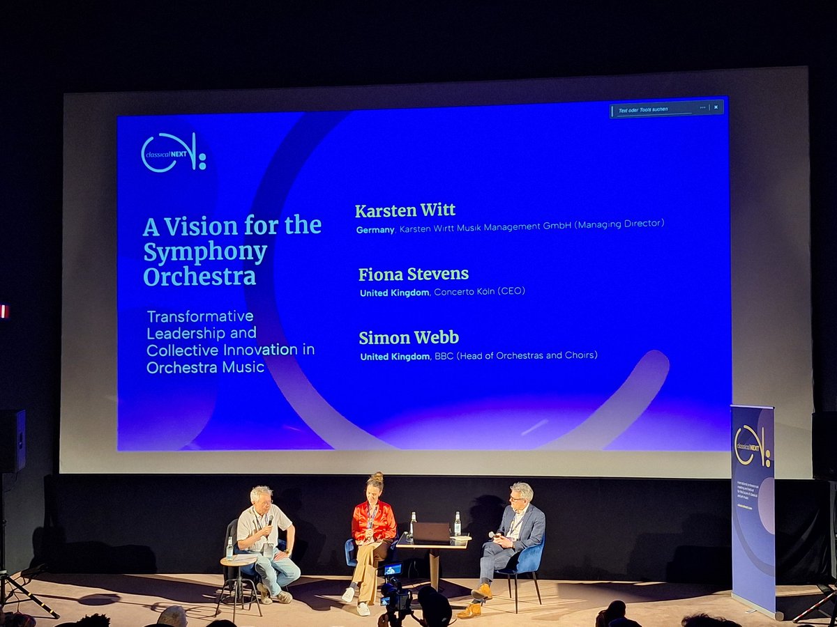 urrutiadelrio's tweet image. Empiezan las conferencias en #ClassicalNext en Berlín
classicalnext.com
@ClassicalNEXT

A Vision for the Symphony Orchestra 
Con
Karsten Witt de en.karstenwitt.com/about/team
Fiona Stevens de concerto-koeln.de/1733.html
Simon Webb de bbc.co.uk/orchestras