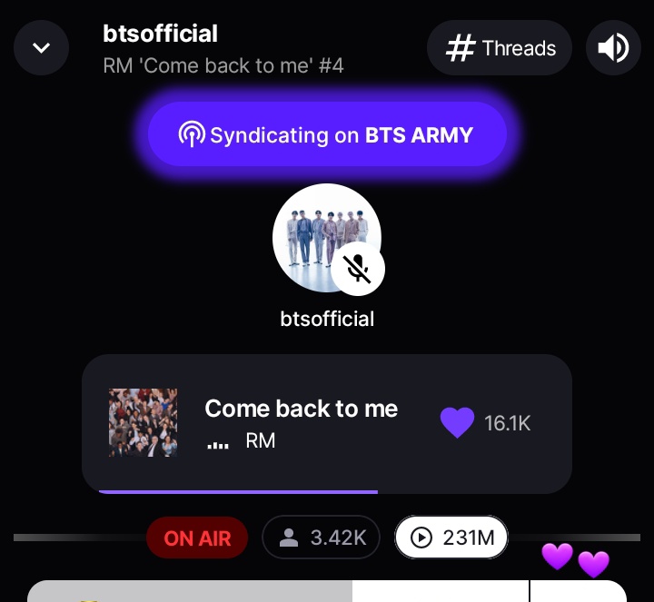 — El cuarto listening party oficial de 'Come back to me' de #RM ya comenzó en StationHead. Recuerden que si no tienen una cuenta premium pueden sumarse con sus playlists. ¿Ya se unieron? ↓ (stationhead.com/btsofficial) COME BACK TO ME LISTENING PARTY DAY 4 #Comebacktome