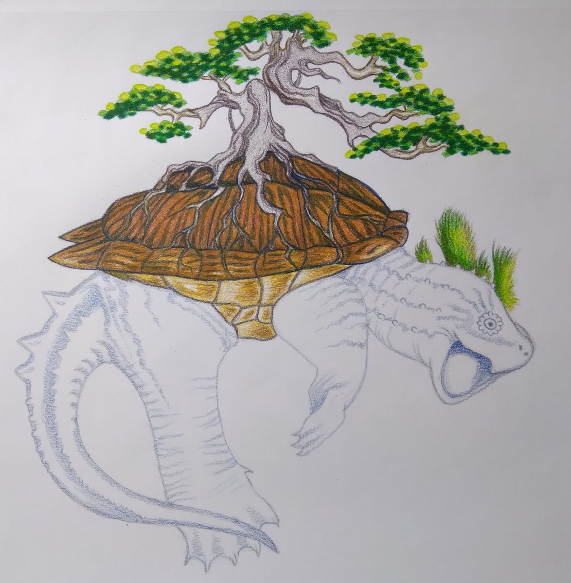 Working on the turtle shell, and added darker foliage on the bonsai tree. #snappingturtle #turtleart #turtledrawing #bonsaitree #colorpencildrawing #colorpencilart #colorpencilsketch