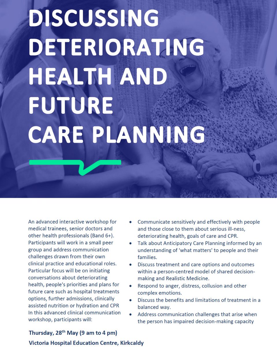 Only 2 weeks to go until our Discussing Deteriorating Health & Future Care Planning workshop for @nhsfife staff @MedEdFife 28th May - Victoria Hospital FREE There are still a limited number of spaces available if you haven't booked your place yet ⬇️ ec4h.org.uk/workshop/discu…