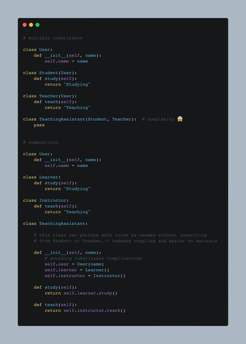 Increase flexibility and reusability, reduce coupling, and avoid complex class inheritance issues.

The 'composition over inheritance' design pattern can simplify your codebase. 🛠️💡

#Python #tips #designpatterns #softwaredevelopment