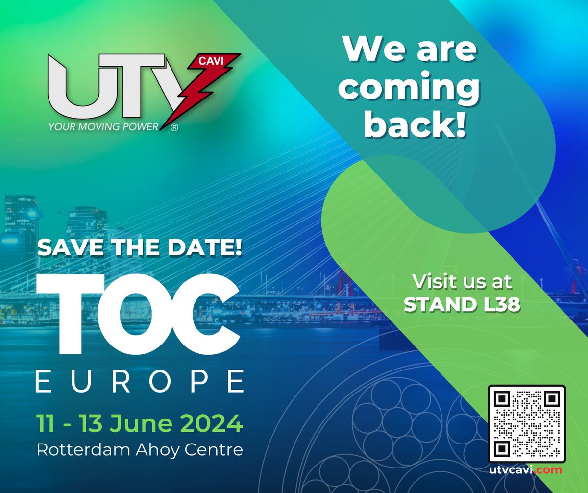 UtvCavi's tweet image. UTV CAVI - TOC EUROPE 2024. @tocworldwide 
Even this year we are glad to attend this important event. Are you ready? Visit us on our BOOTH L 38.
Do not miss the opportunity, and save the date!
#utvcavi #TOCeurope #tocworldwide #yourmovingpower #utvflex #sprcables #cranecable