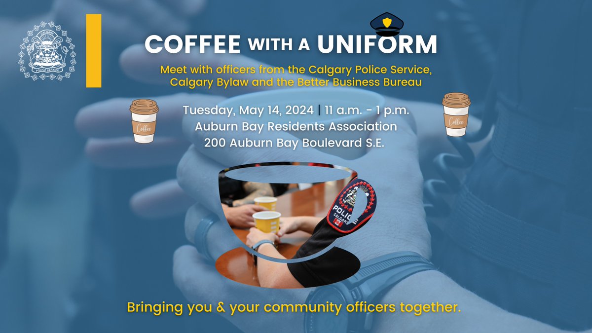 ☕ Stop by the Auburn Bay Residents Association today, from 11 a.m. to 1 p.m., for #CoffeeWithAUniform. Your CRO will be in attendance to answer your questions & discuss safety & crime prevention topics relevant to the area over a delicious cup of coffee! ☕