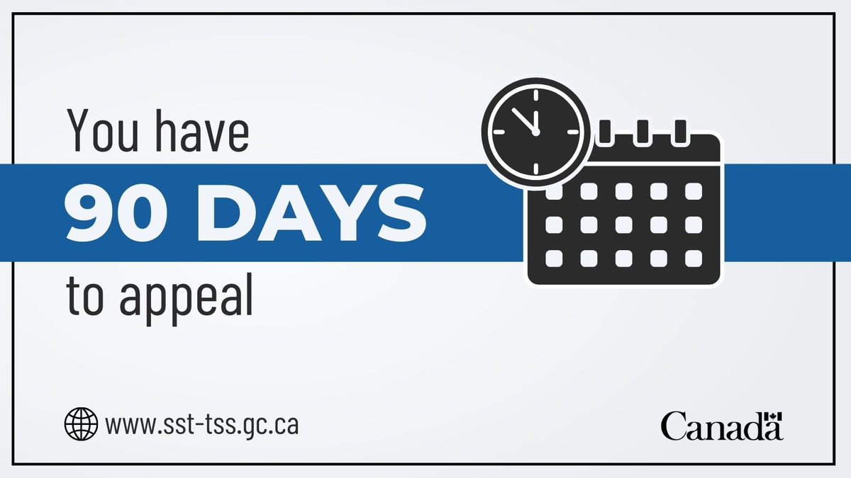 Social Security Tribunal of Canada (@sstribunal_en) on Twitter photo #DYK? You’ve got 90 days to appeal a CPP disability reconsideration decision from <a href="/ServiceCanada_E/">Service Canada</a>. The clock starts when you get it. More info: ow.ly/RZZ250REvRz.
#a2j #AccessToJustice #DYK? You’ve got 90 days to appeal a CPP disability reconsideration decision from <a href="/ServiceCanada_E/">Service Canada</a>. The clock starts when you get it. More info: ow.ly/RZZ250REvRz.
#a2j #AccessToJustice