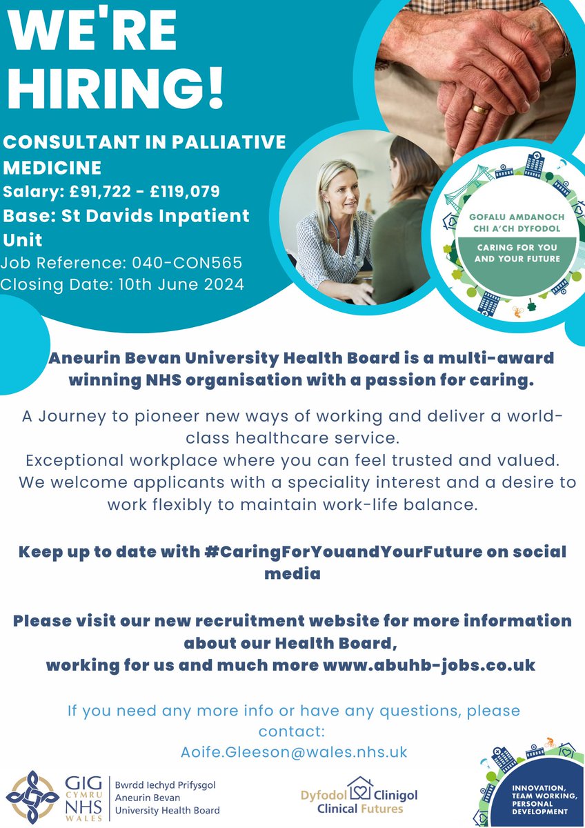 We are Recruiting! Consultant in Palliative Medicine Are you interested? Apply today: healthjobsuk.com/job/UK/Newport… Closing date: 10th June 2024 Job Ref: 040-CON565 #ABUHB #Consultant #Palliative #Medicine #NHSWales #NHSJobs #hiring
