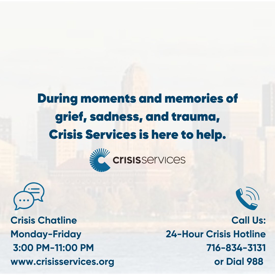 We know today may be an emotional day within our Buffalo community. If you need support during this time, we are only a call or message away. #BuffaloNY #Buffalove #MentalHealthSupport #CrisisHotline #TraumaSupport #ErieCounty #WNY #CrisisChatline