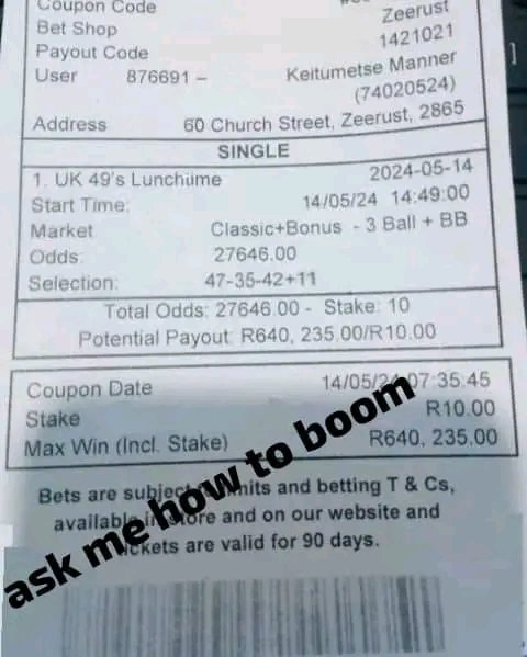 Congratulations to my members who make it for this lunch time.... Let go get it for tea time again because uk must pay our money... Say no to poverty Say no to doom Say no wipe And if you ready to boom Text me now +27602388414