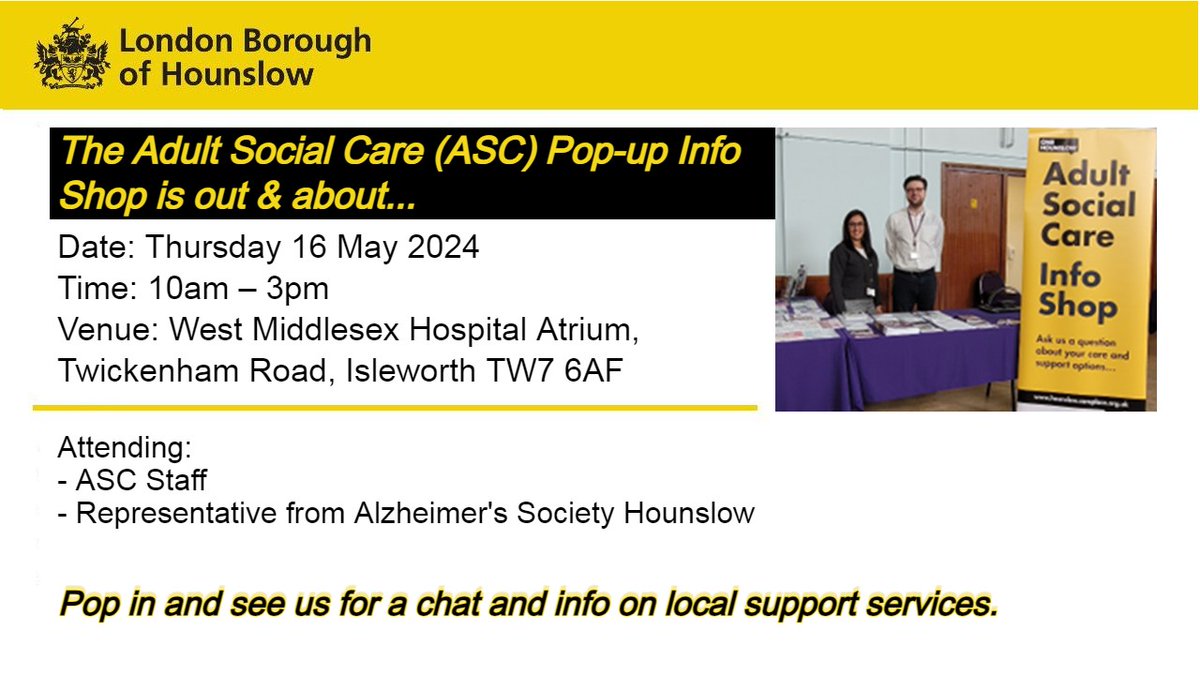 Are you a looking for info, help and support for yourself or as carer for a loved one? This Thurs 16 May during #DementiaActionWeek pop by and see the Council's Adult Social Care team at @WestMidHospital, from 10am-3pm. See what help is available 👉🏼is.gd/KRKtXM