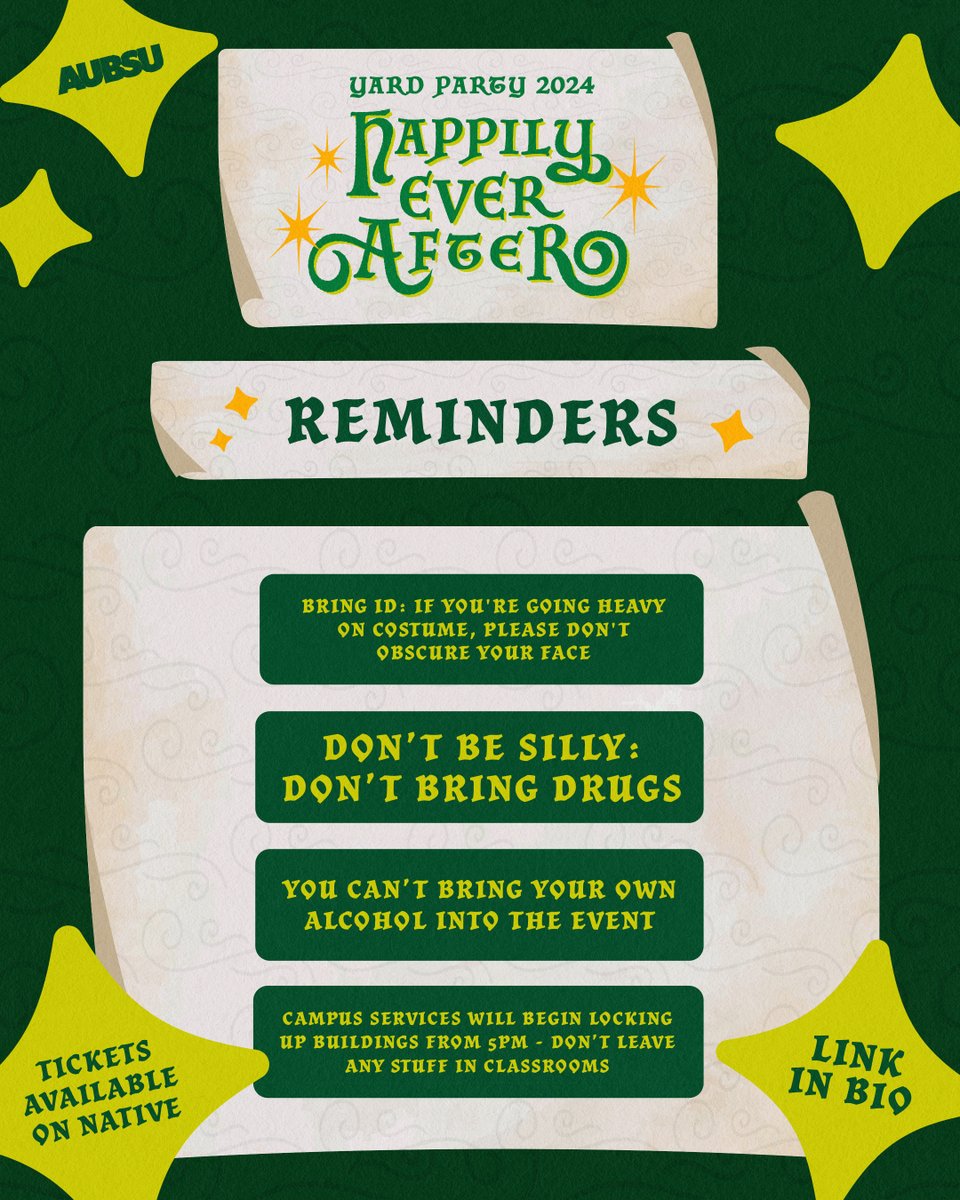 ✨ Only 3 days to go until the Yard Party 2024!!!✨🧚‍♂️

Join us for an enchanting evening on May 17th, from 5-10pm. This year’s theme is “Fairytale 🧚” – so come dressed to dazzle!

🐸 Open to AUB, BU students, and beyond! 🌟