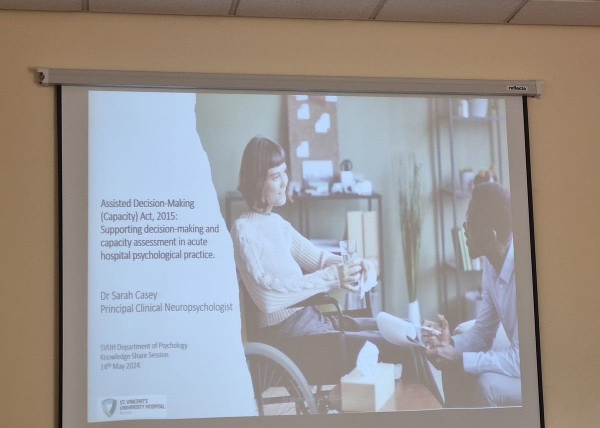 Fantastic #ADMA discussion with @SVUH psychology colleagues at today's Knowledge Share. Hospital psychologists play a significant role in supporting patients to make healthcare decisions, #rightsbased care, & contributing to MDT capacity assessment @IEHospitalGroup @DSS_Ireland