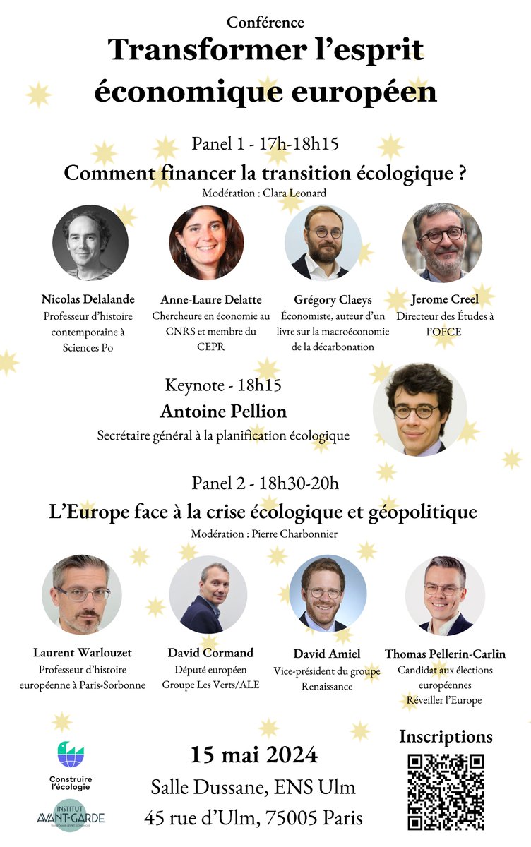 Notre conférence pour transformer l'esprit économique européen, c'est demain ! Rendez-vous à l'ENS Ulm, de 17h à 20h. Chercheurs, politiques et experts se pencheront sur l'Europe face au défi de la transition. Lien pour s'inscrire dans le tweet suivant👇