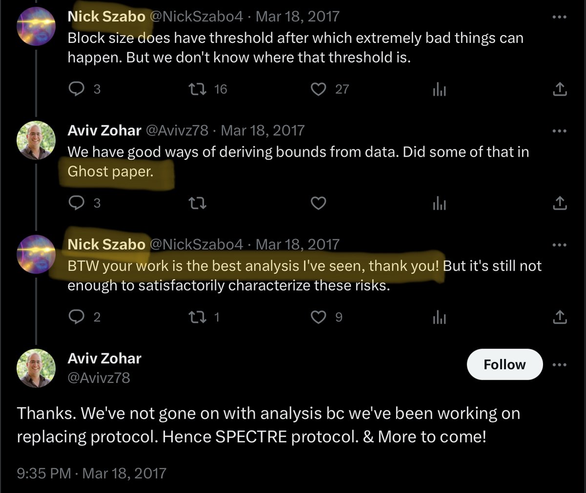 Nick Szabo (Satoshi?), praising the work of #kaspa ghostDAG author Aviv & $kas founder Yonatan ”your work is the best analysis I’ve seen, thank you!” Vitalik used this work in #ethereum @KaspaCurrency is MANY iterations along from this $eth $sol $ltc $bch $xec $cob $inj $ada