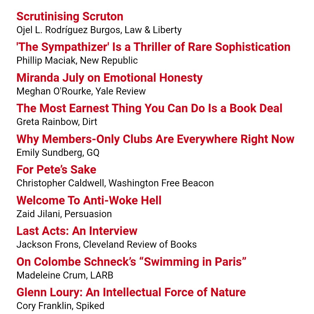 realclearbooks.com Tuesday reads: @ojelrodriguez for @LawLiberty, @pjmaciak for @newrepublic, @gertsofficial for @dirtyverse, @meghanor for @yalereview, @ZaidJilani for @JoinPersuasion, @fronssss for @clereviewbooks, @MaddieCrum for @LAReviewofBooks, and many others.