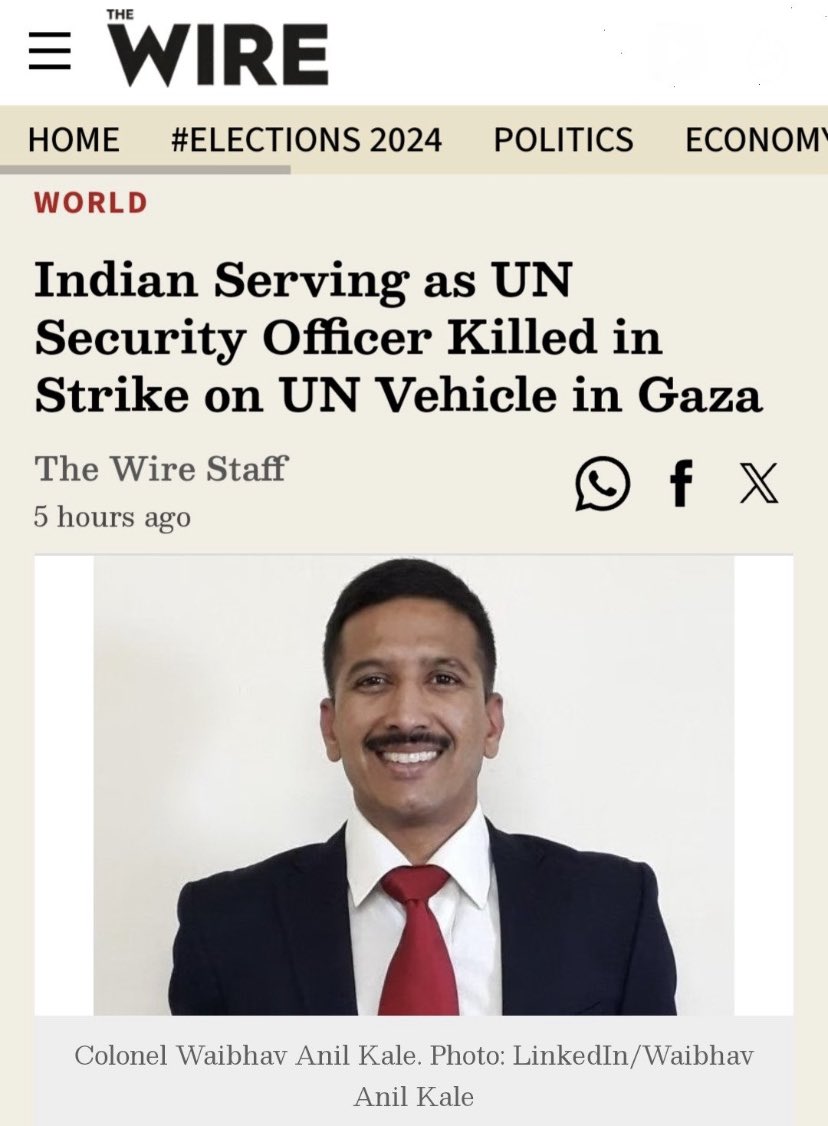 Indian national UN security officer, Waibhav Anil Kale, 46, was just killed inside his UN vehicle in a missile by Israel, while he was accompanying staff to the European Hospital in Rafah Not a word from the Indian government. Not a word from Indian nationalists.