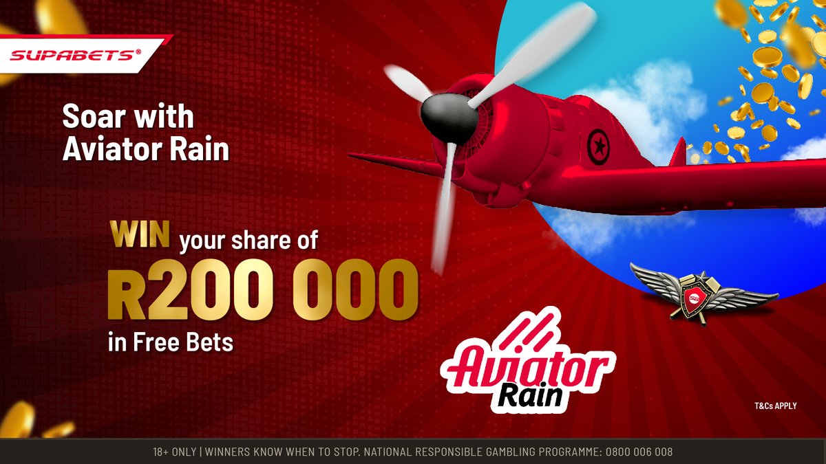 🎰Hey there, #Supacrew! Ready to make it rain? ☔ Don't miss out on your chance to win a piece of the R200 000 in #FreeBets. Play #AviatorRain today from 3 pm to 10 pm. Let the games begin! 🌟

PLAY NOW: eacdn.pulse.ly/n8e8ahadfv
How: betwith.supabets.co.za/promotions/avi…

#PlayVegas #Aviator